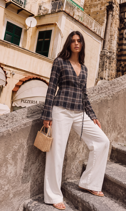 Brown Check Bell-Sleeve Kimono Top