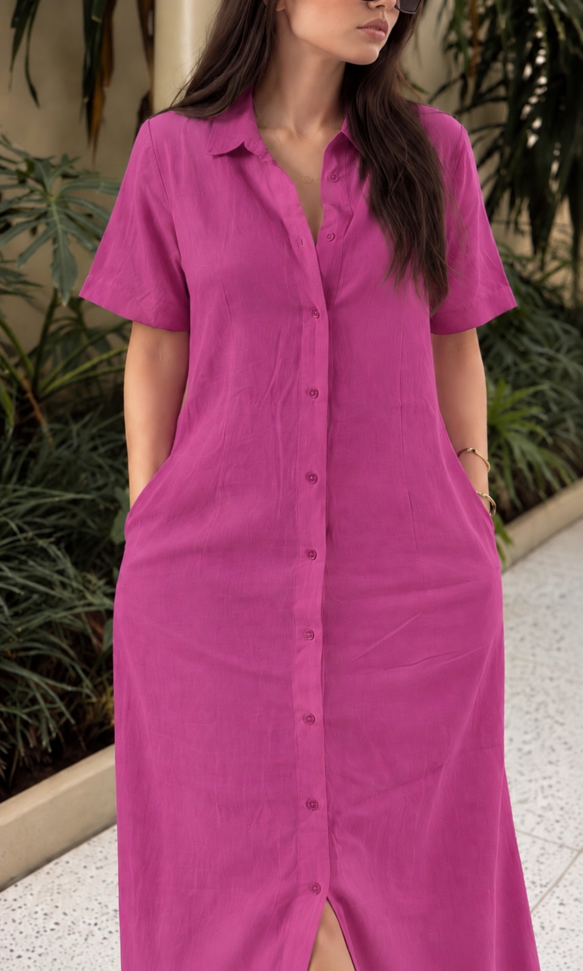 Fuchsia Pink A-Line Maxi Shirt Dress