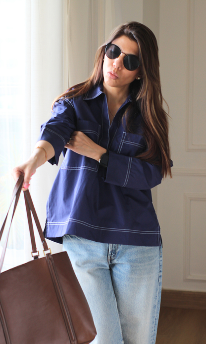 Cobalt Blue Contrast Stitch Utility Pocket Top