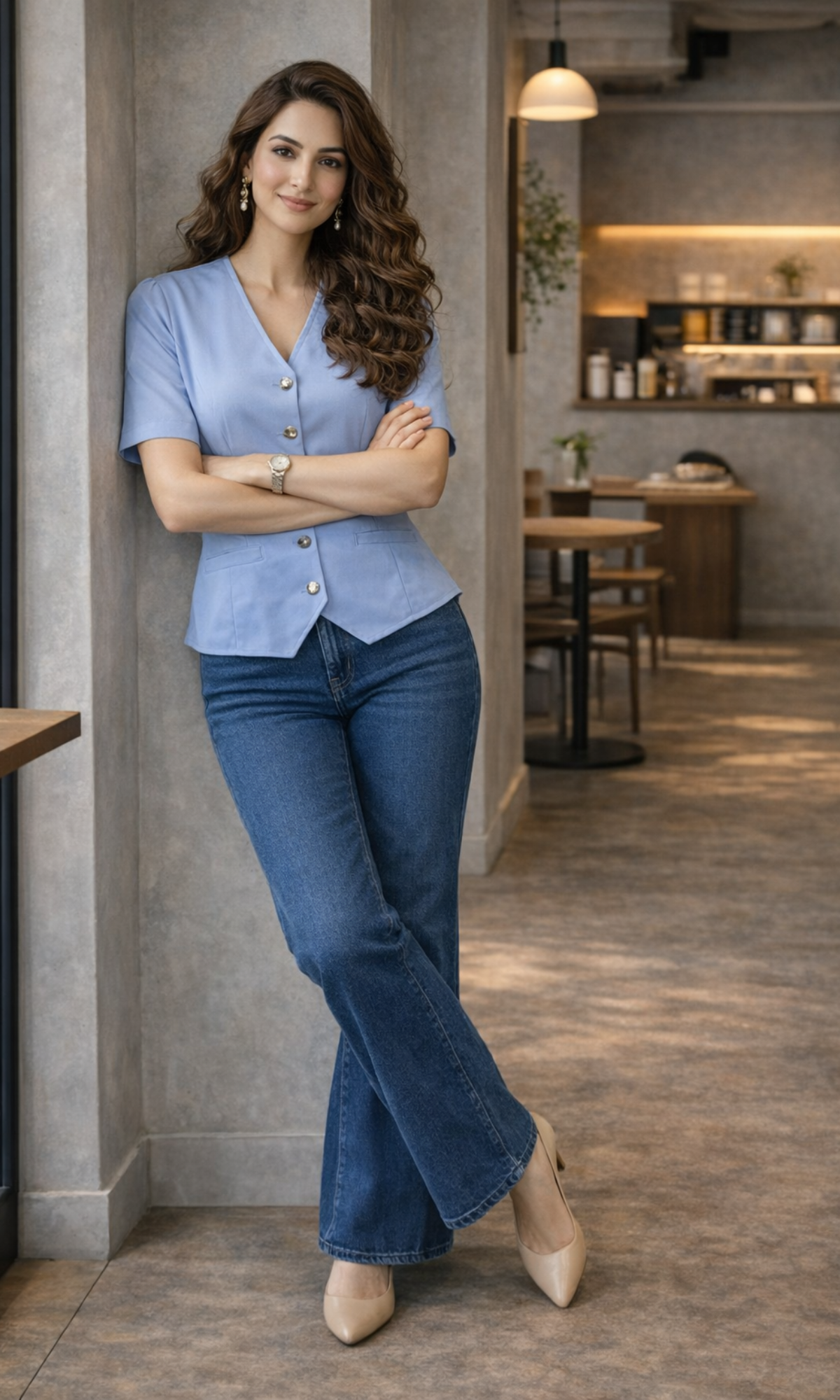 Light Blue Sleeved Metallic Buttoned Waist Coat