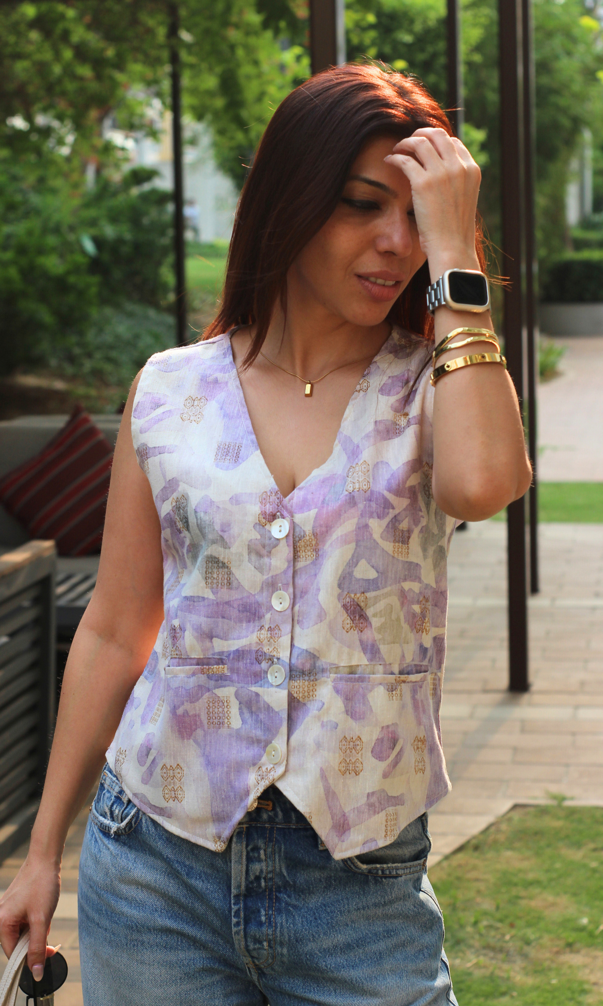 Thistle Purple Abstract Print Waist Coat