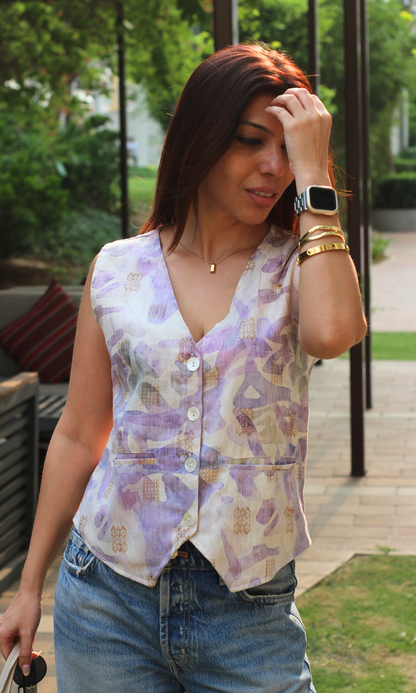 Thistle Purple Abstract Print Waist Coat