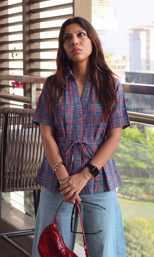 Red Black Check Tie-Detail Top