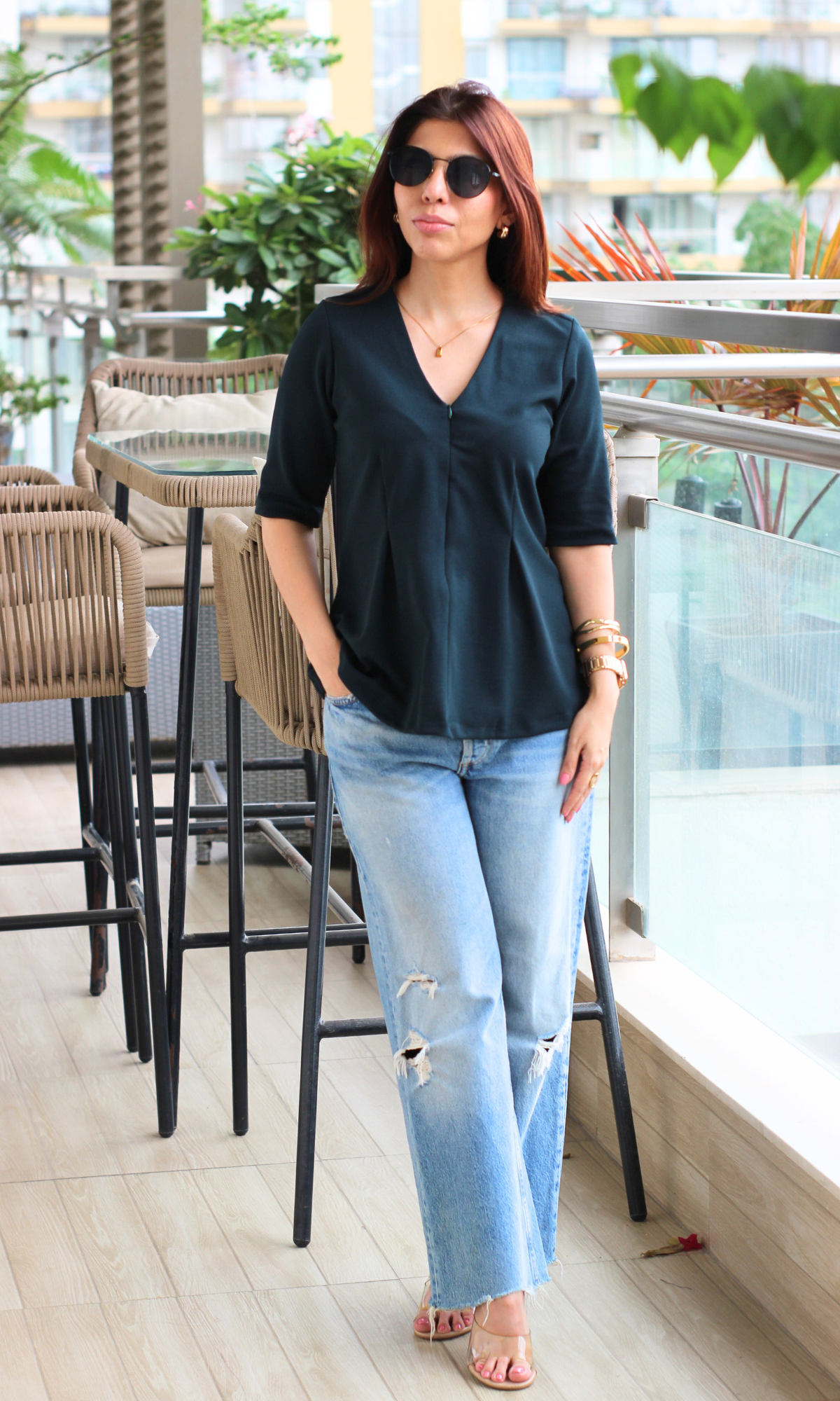 Dark Pine Sleek-Pleat Detail Top