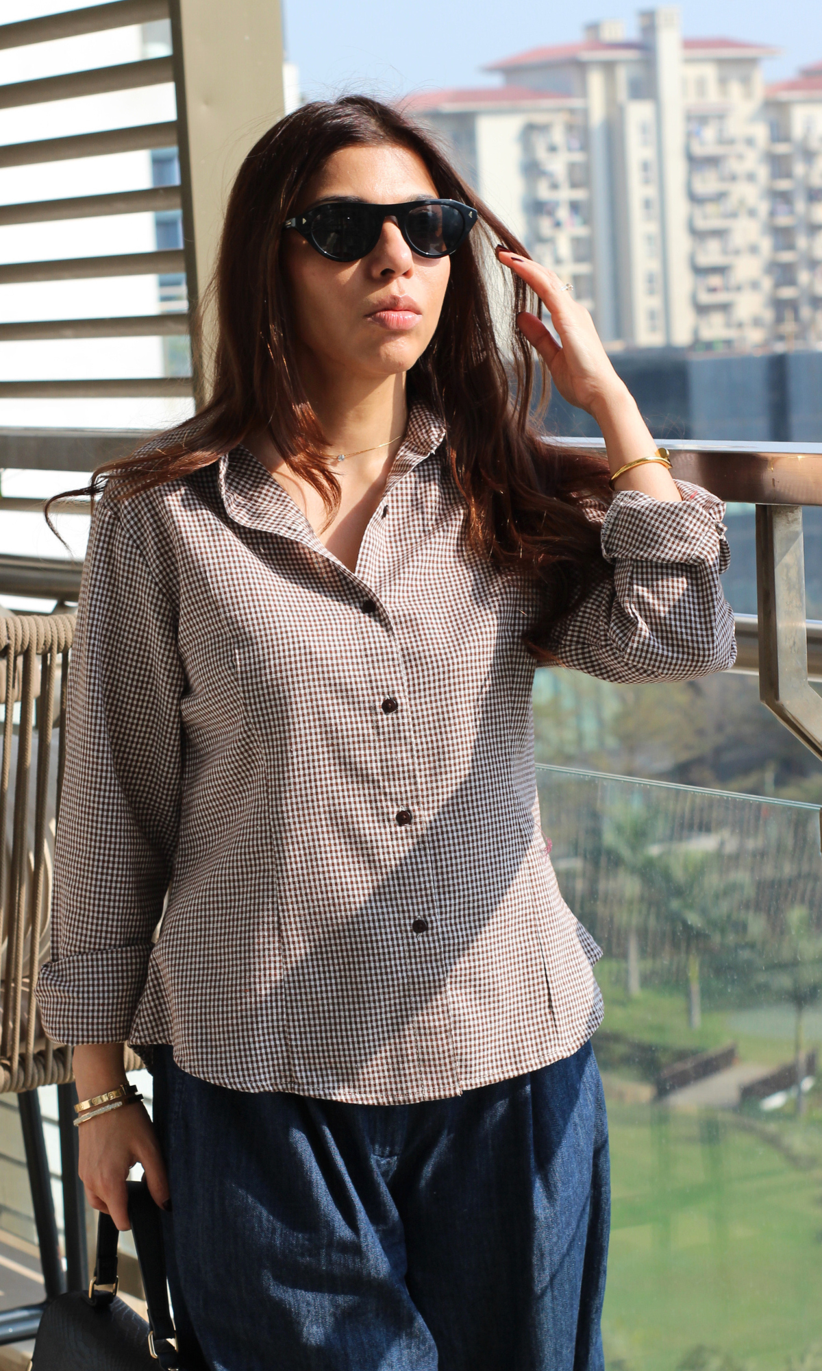 Mocha Micro-Check Peplum Shirt