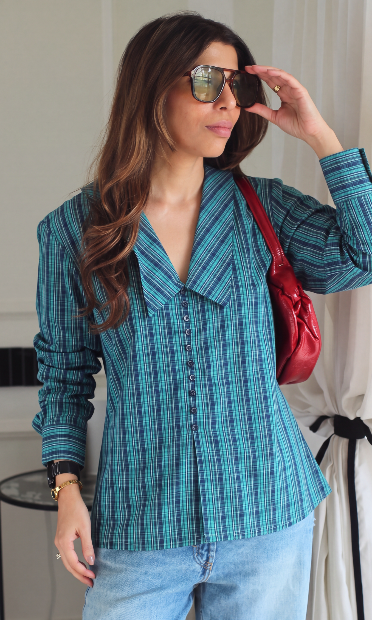 Teal Tartan Oversized Collar Shirt