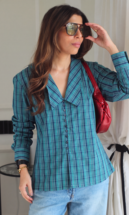 Teal Tartan Oversized Collar Shirt