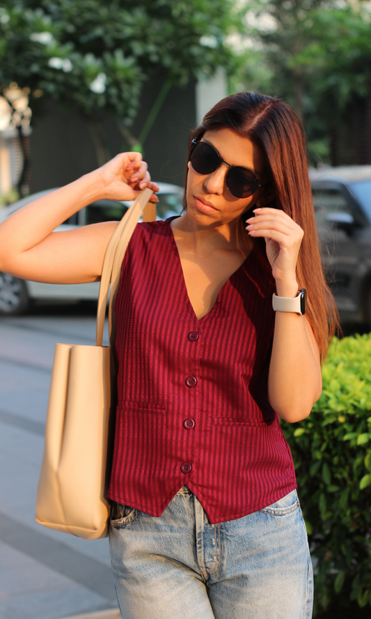 Cherry Wine Striped Waist Coat