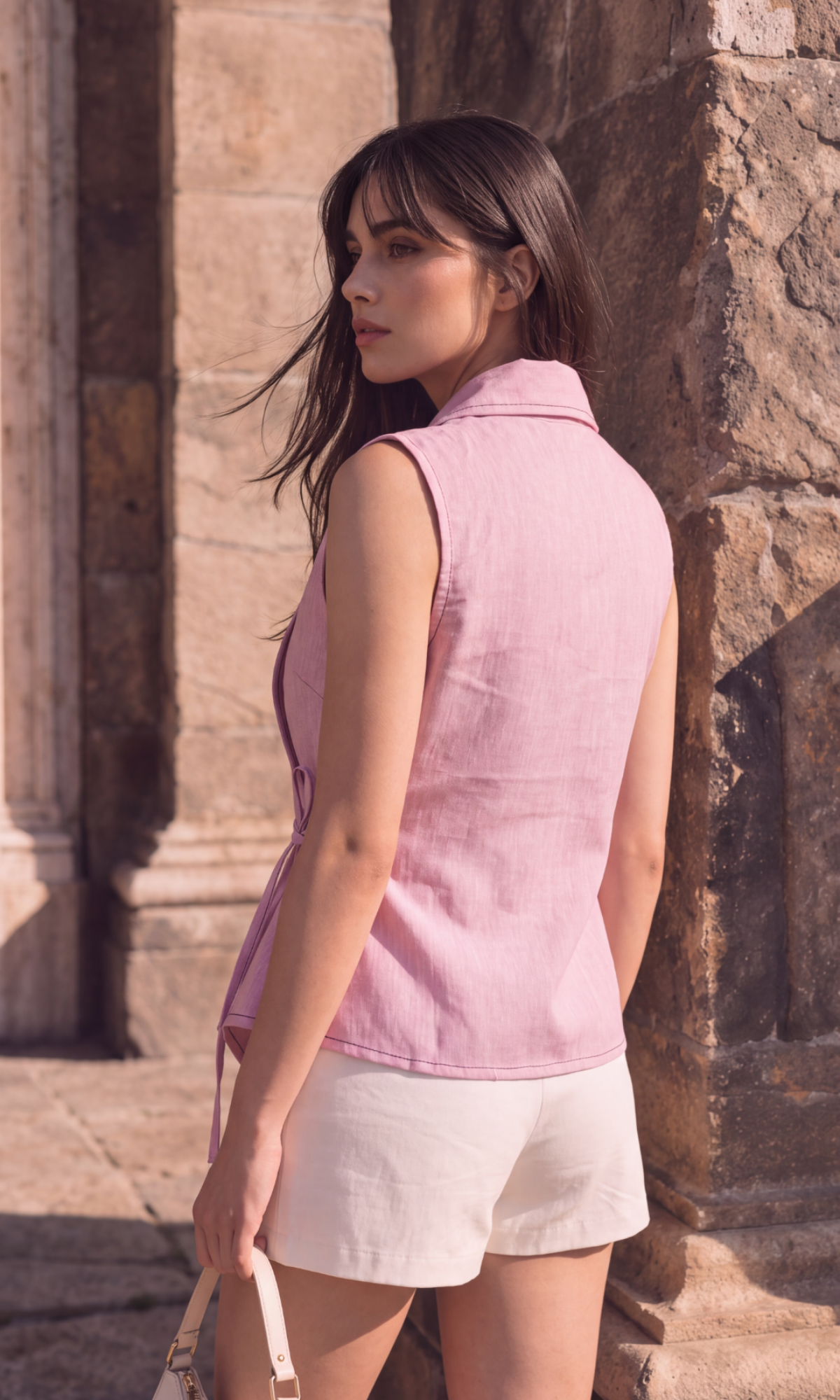Pink Cotton Contrast Shawl-Collar Top