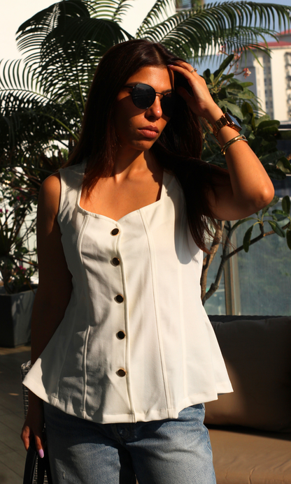 White Metallic Buttoned Flared Top