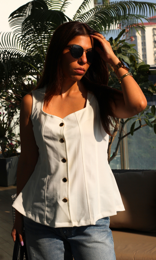 White Metallic Buttoned Flared Top