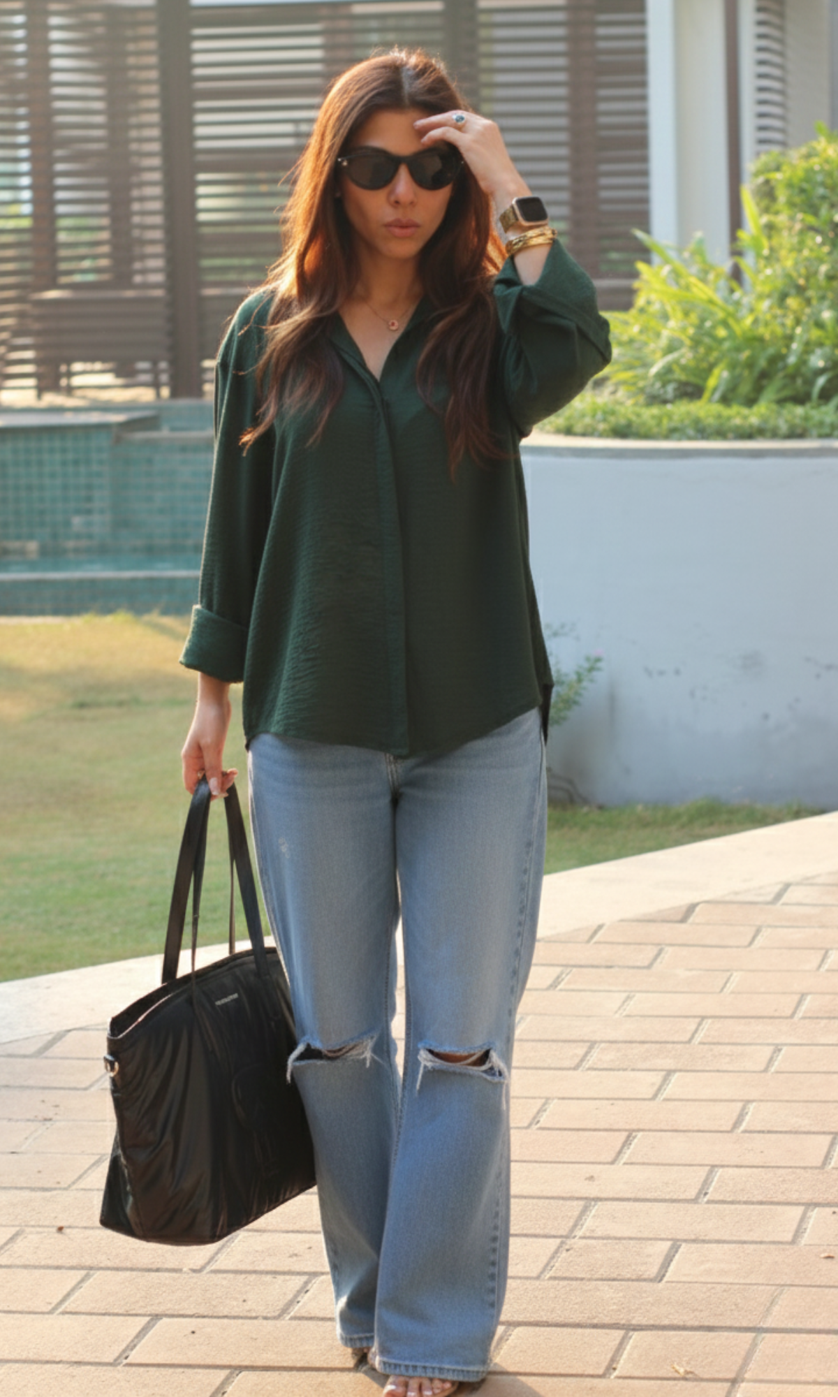 Green fern flowing shirt featuring lightweight fabric and effortless fit
