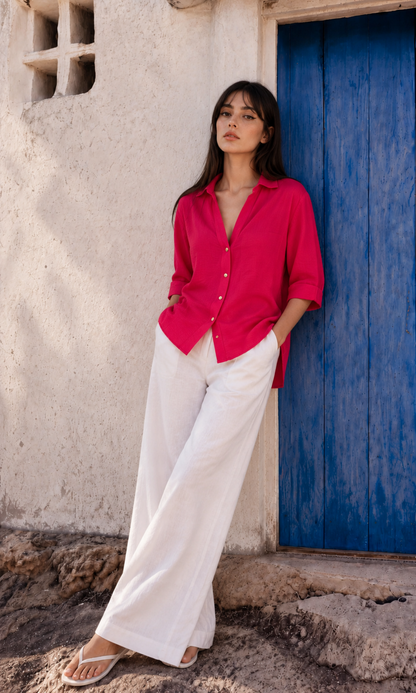 Fuchsia Metallic-Button Boxy Shirt