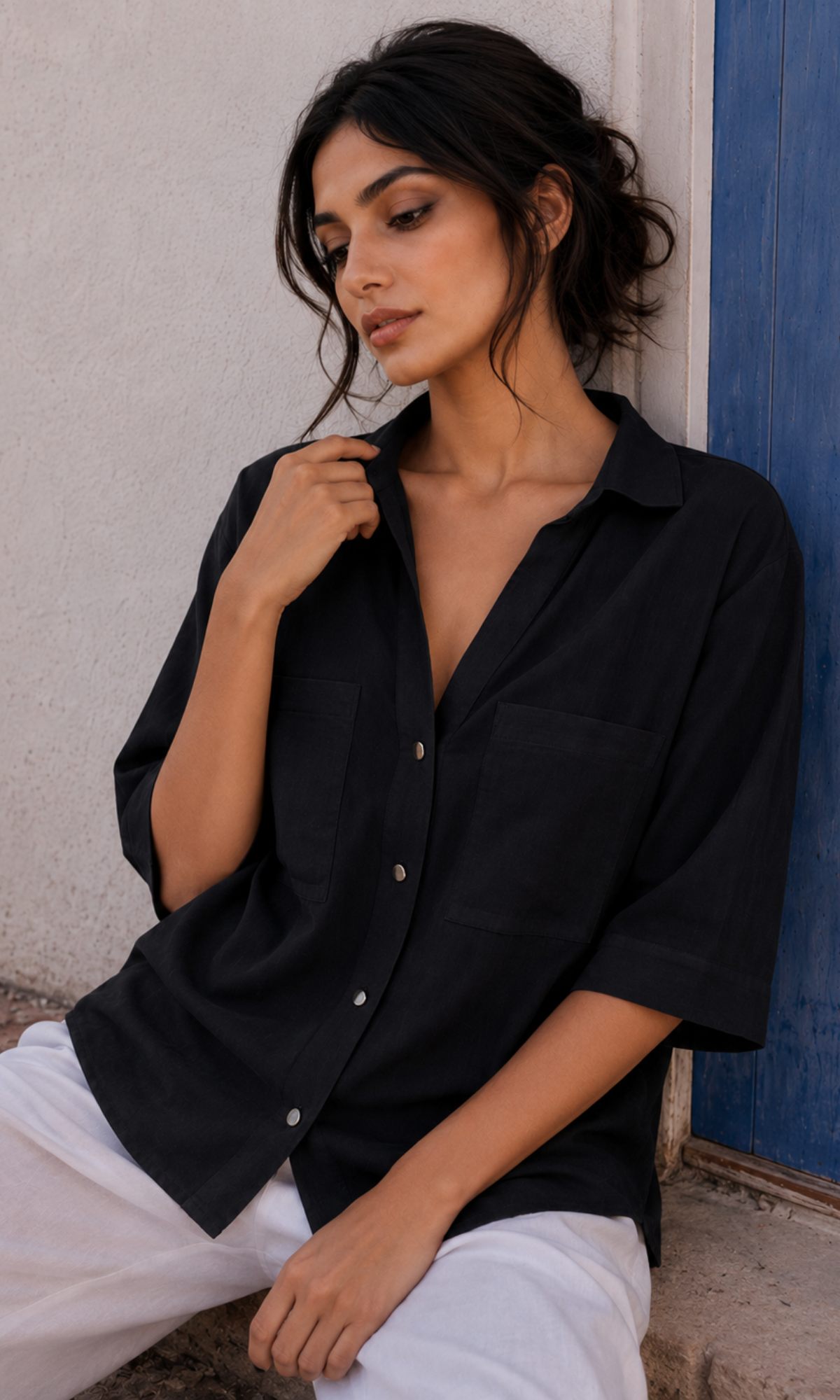 Black Metallic Button Boxy Shirt
