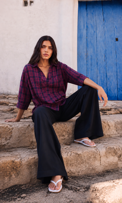 90s Red Black Plaid Loose Shirt