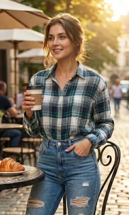 Teal-White Plaid Cotton Checked Shirt