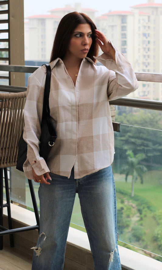 Women’s beige ivory checked cotton shirt with long sleeves, button-down front, and relaxed fit — ideal for casual and office wear.