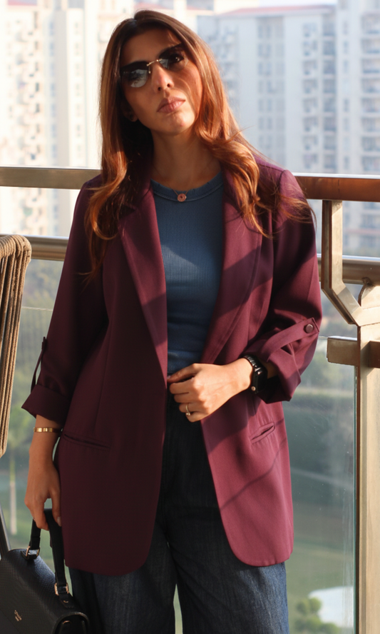 Wine Rolled-Up Sleeve Blazer Jacket