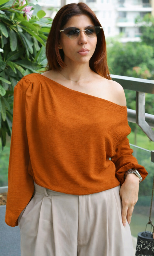 Tangerine Balloon Sleeved One Shoulder Top