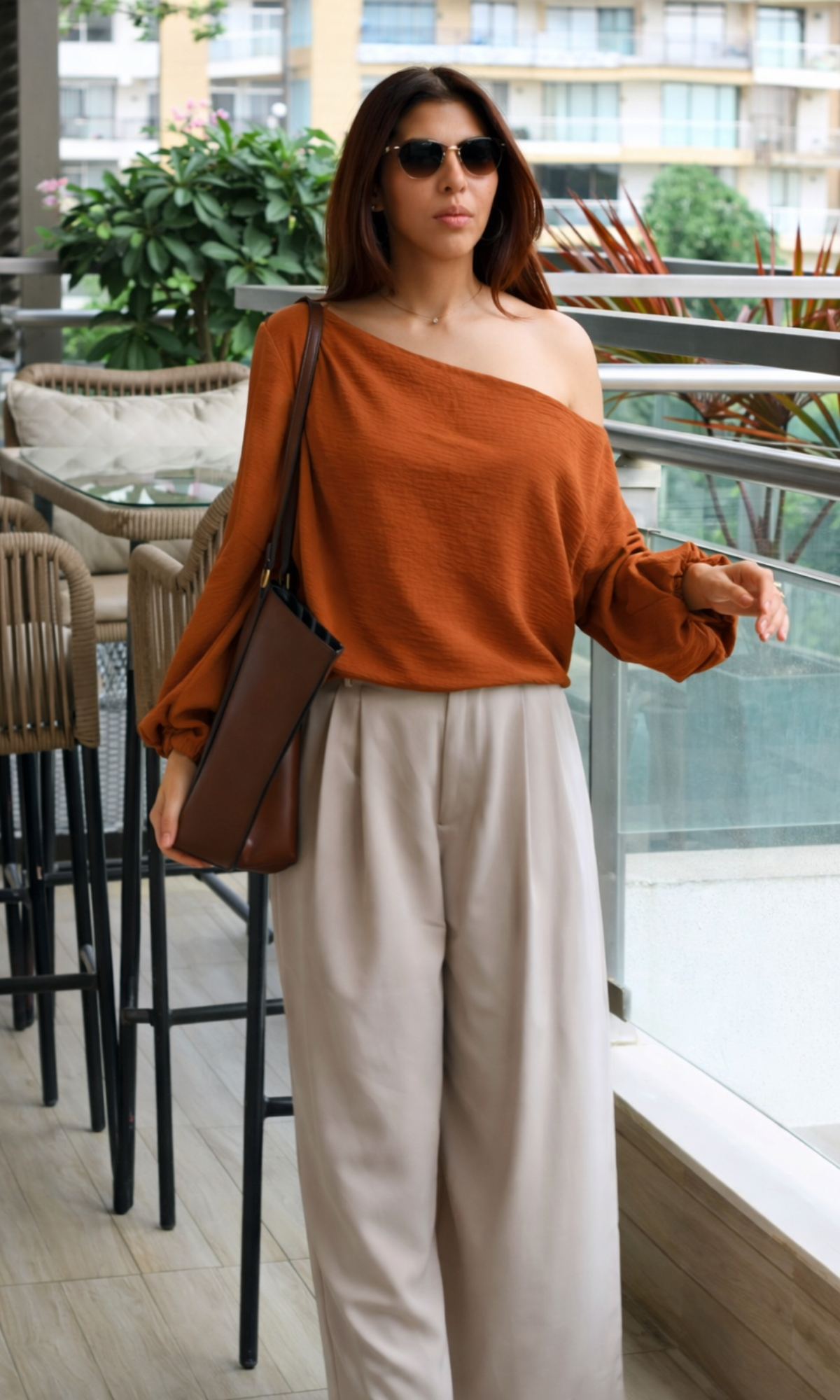 Tangerine Balloon Sleeved One Shoulder Top