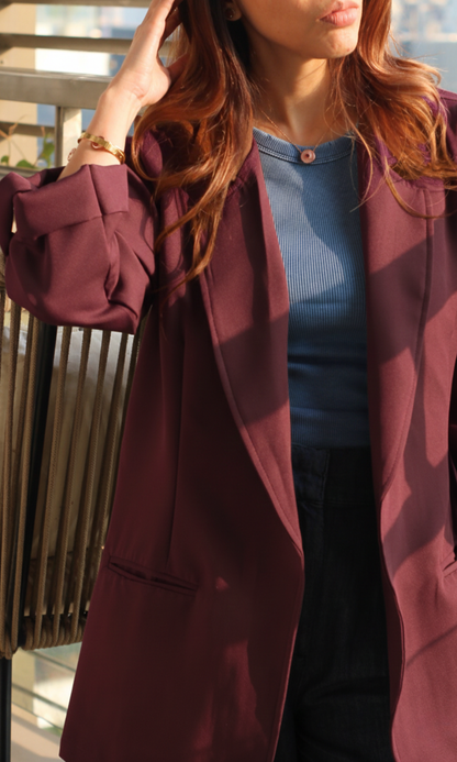 Wine Rolled-Up Sleeve Blazer Jacket