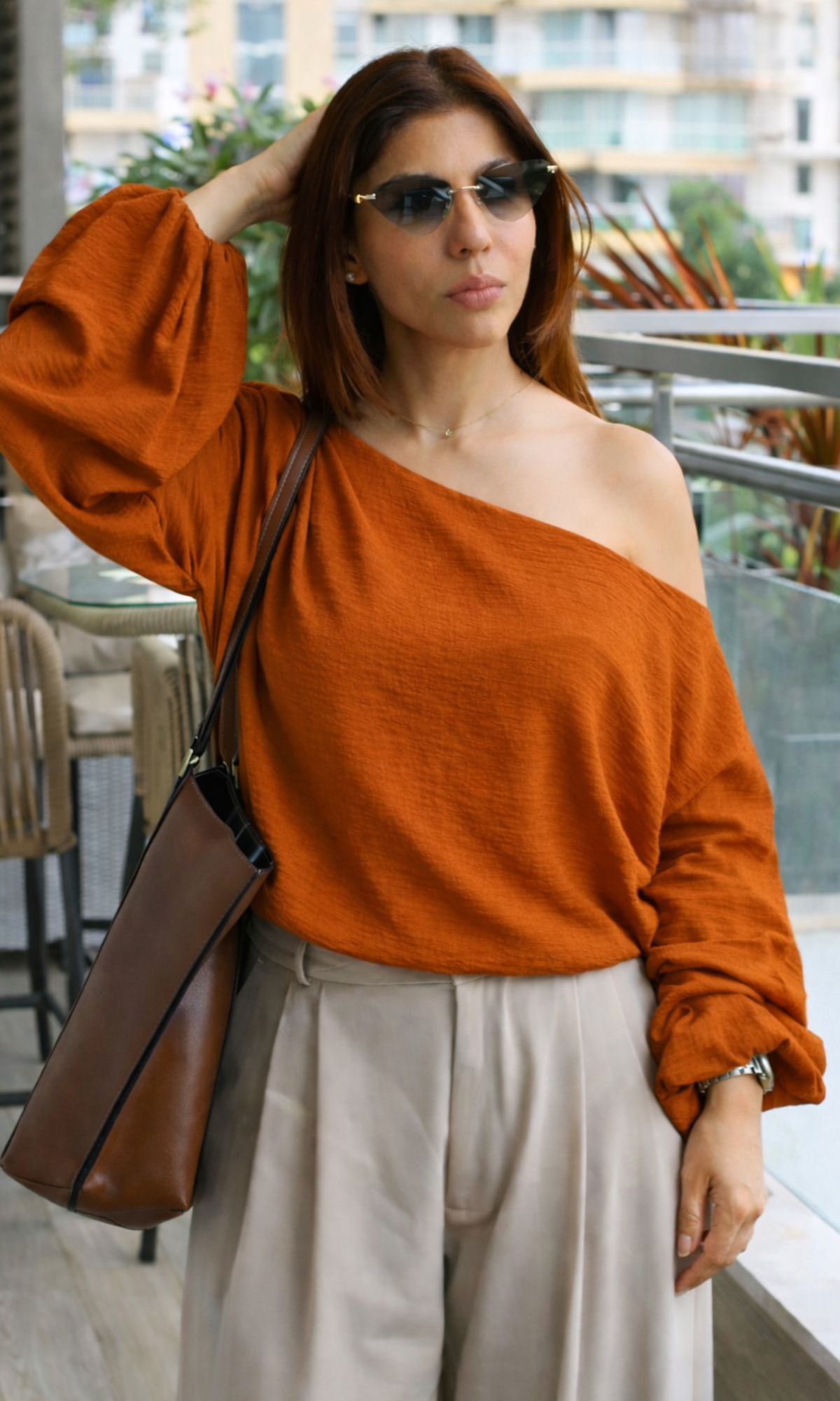 Tangerine Balloon Sleeved One Shoulder Top