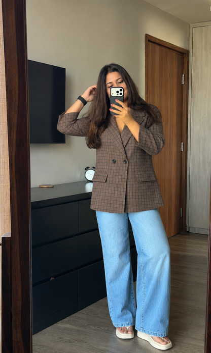 Camel Check Double-Breasted Blazer