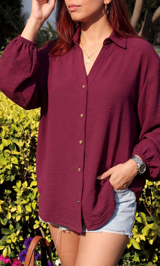 Wine Metallic Buttoned Balloon Sleeved Shirt