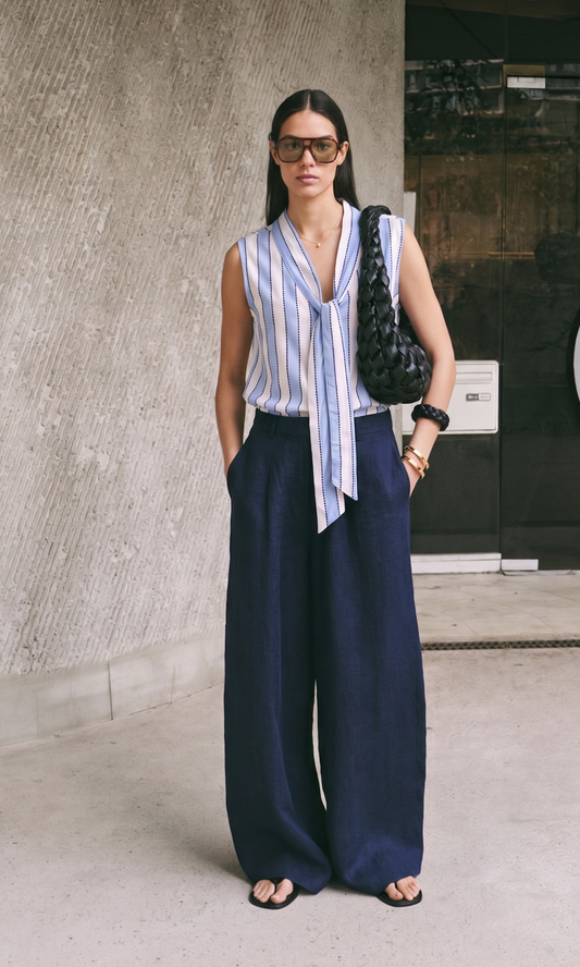 Powder Blue Dot-Stripe Tie Detail Top
