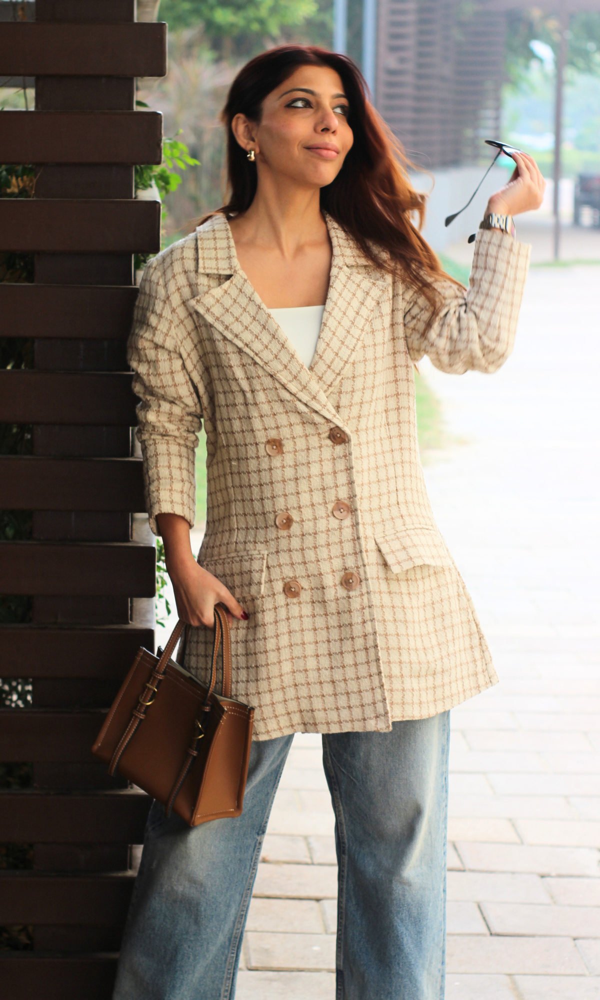 Beige Checked Tweed Blazer