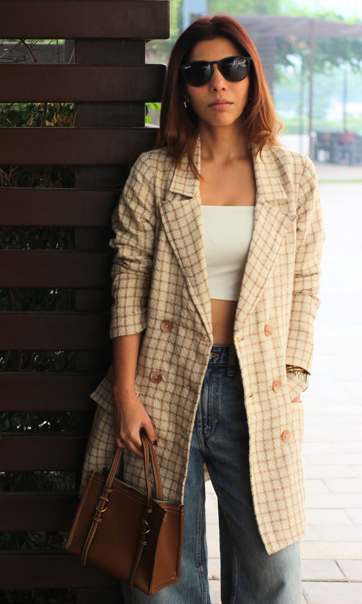 Beige Checked Tweed Blazer