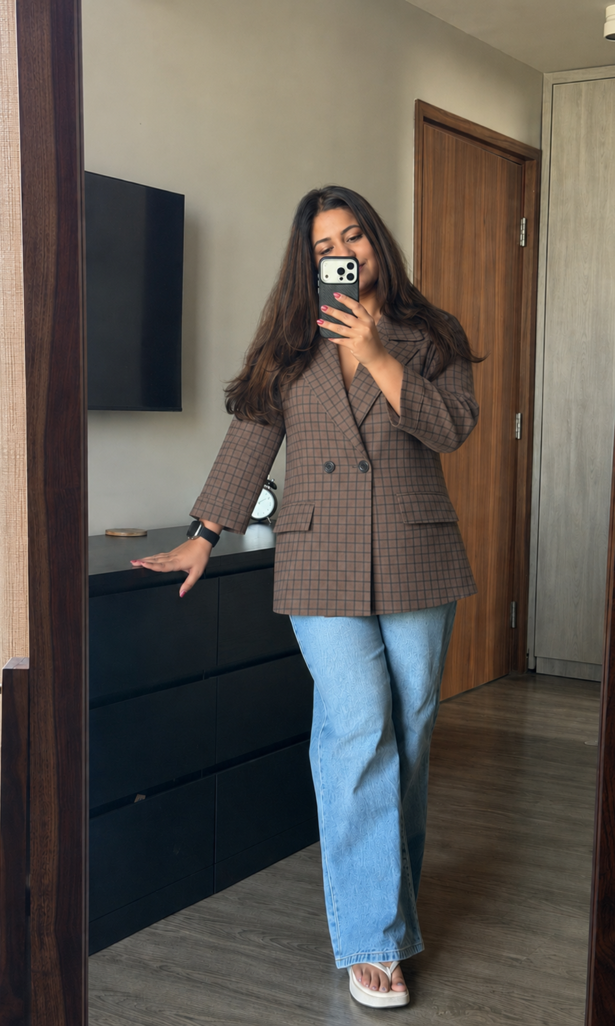 Camel Check Double-Breasted Blazer