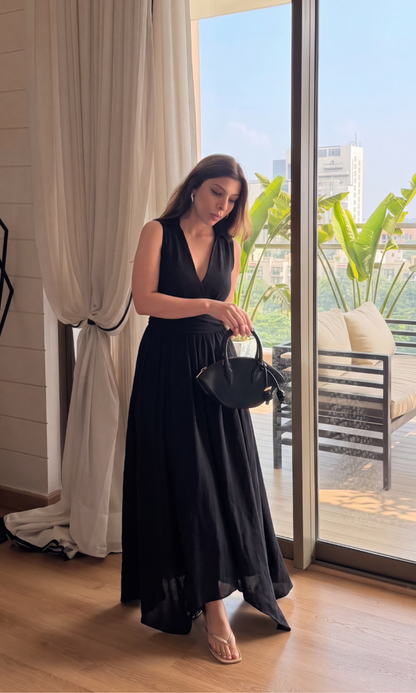 Black Handkerchief Hem Midi Dress