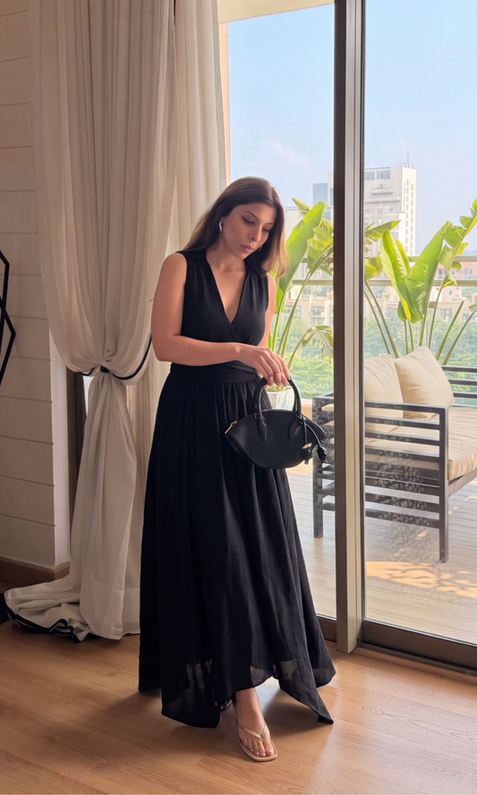 Black Handkerchief Hem Midi Dress