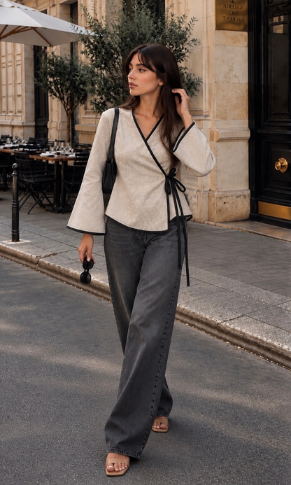 Contrast-Trim Tie Kimono Top