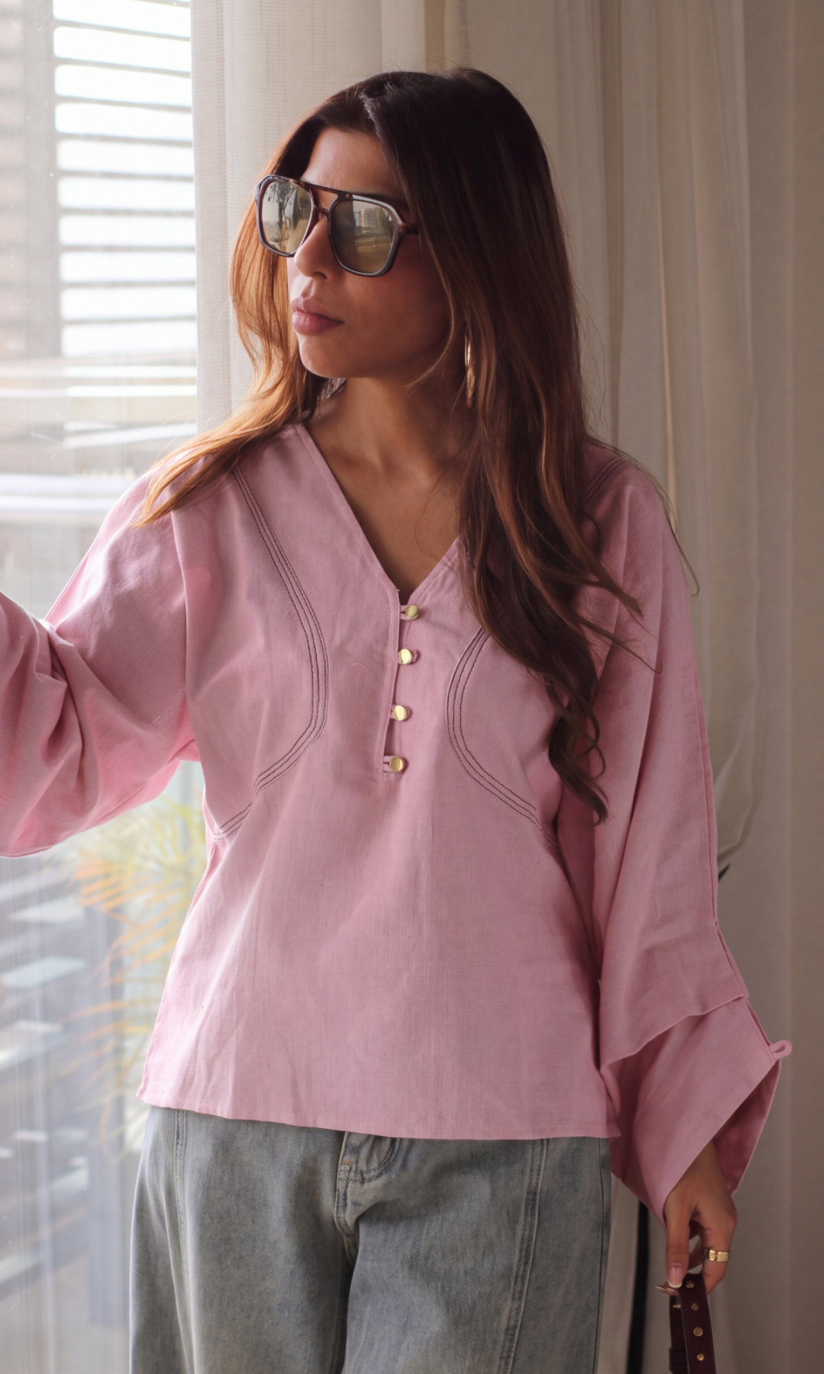 Dusty Rose Contrast-Stitch Top