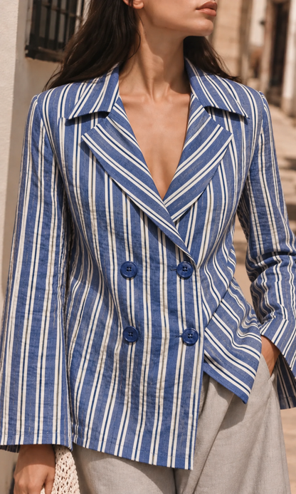 French Blue Stripe Double-Breasted Shacket
