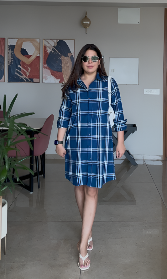 Indigo & White Check Corset Shirt Dress