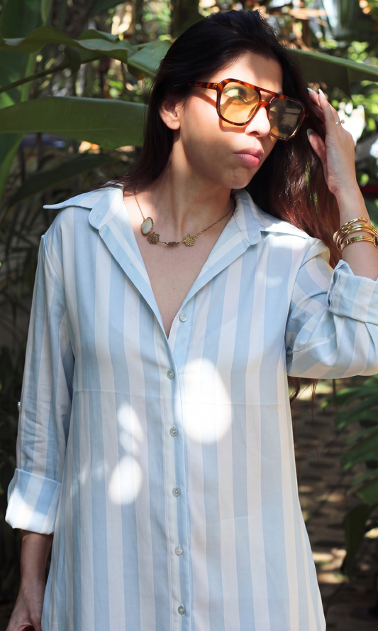 Blue & White Cotton Stripe Shirt Dress