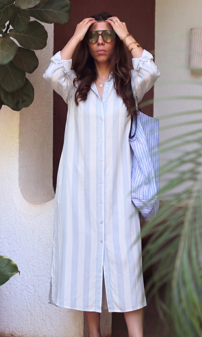 Blue & White Cotton Stripe Shirt Dress