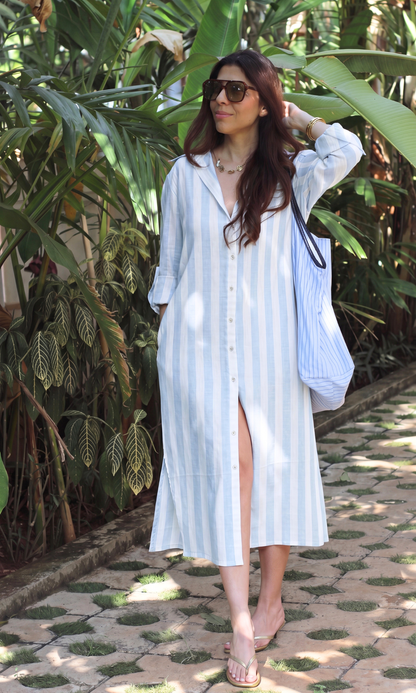 Blue & White Cotton Stripe Shirt Dress