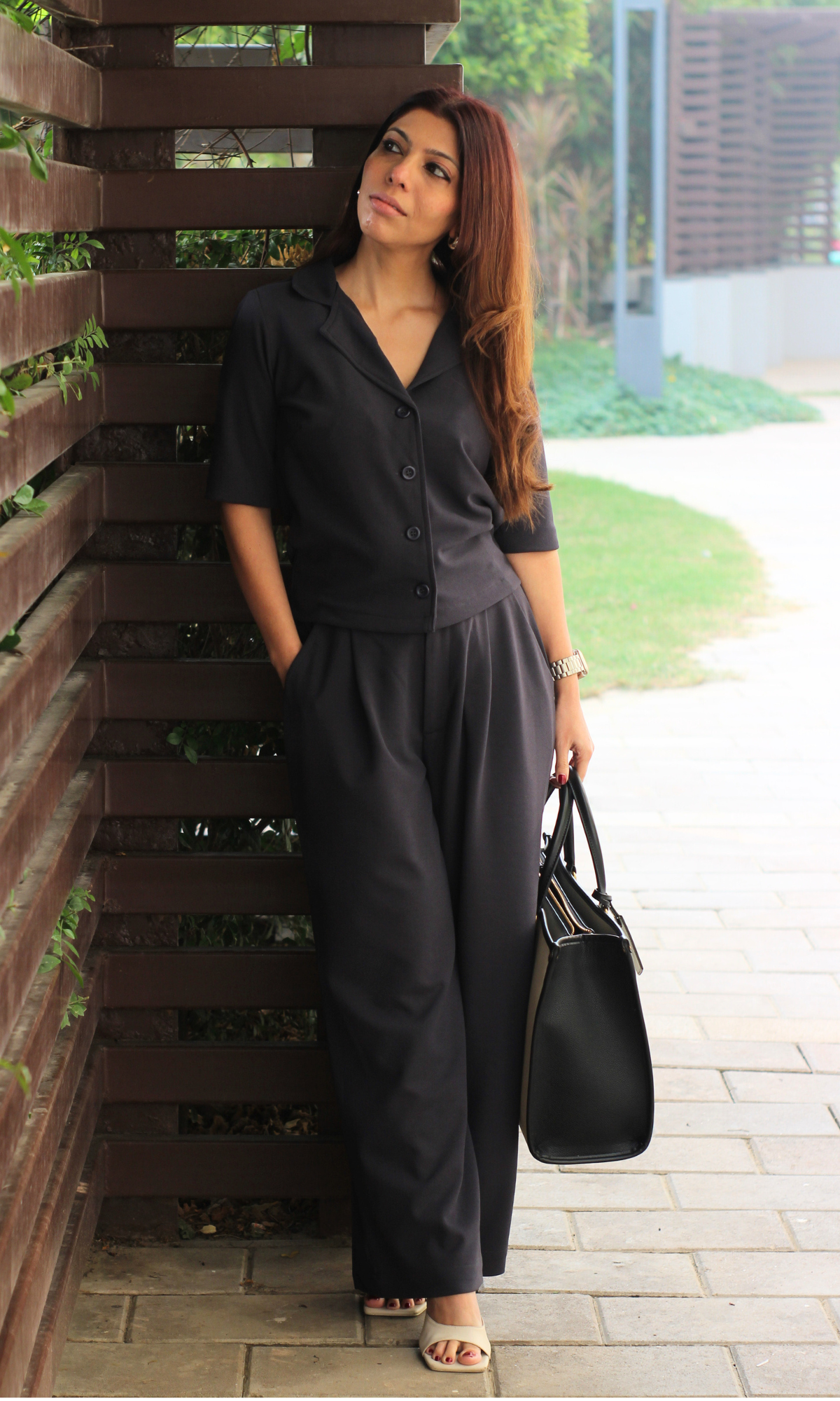 Greyish Blue Collared Top with Korean Pants Co-ord