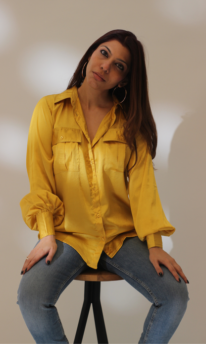 Deep Yellow Balloon Sleeved Satin Shirt