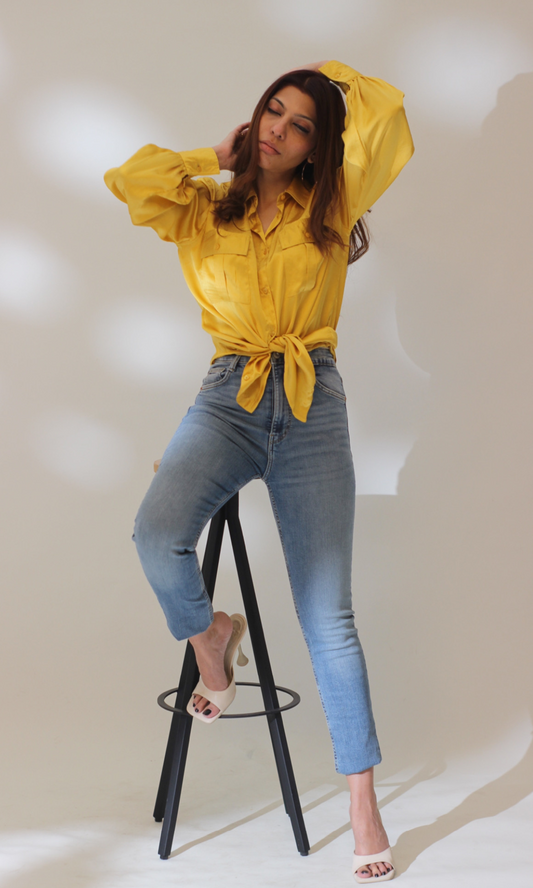 Deep Yellow Balloon Sleeved Satin Shirt