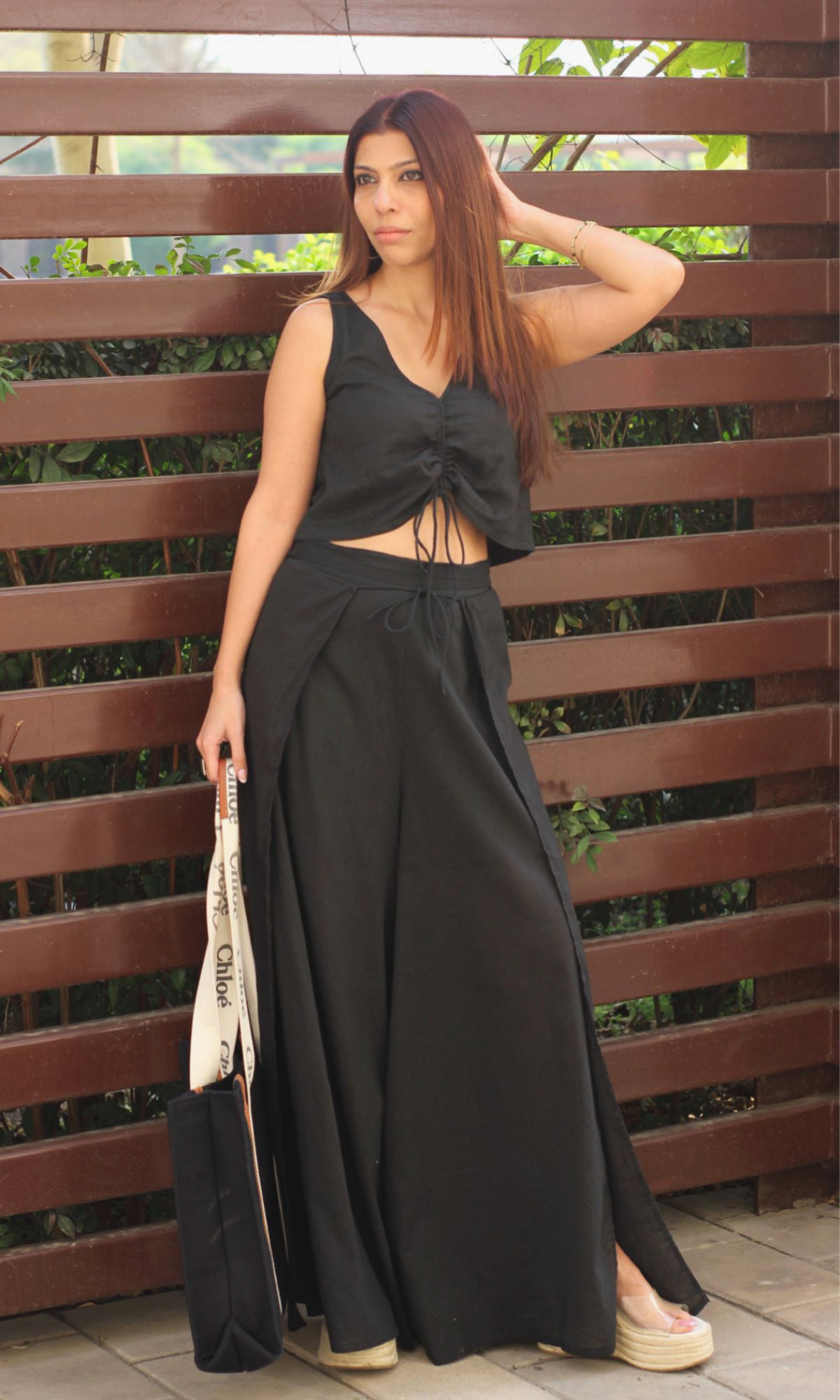 Smoked Black Drawstring Top and Slit Pants