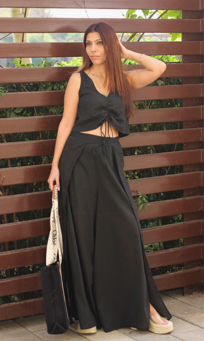 Smoked Black Drawstring Top and Slit Pants