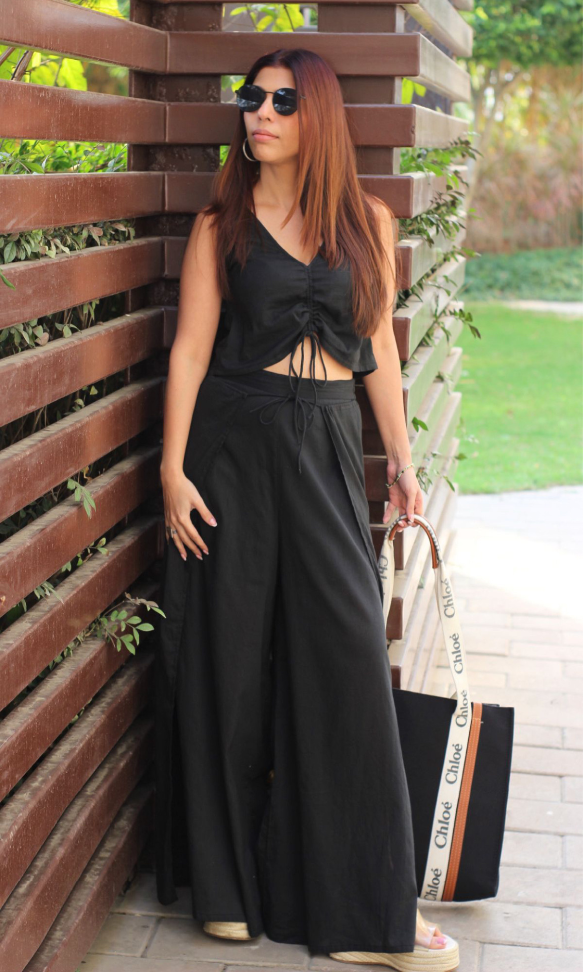 Smoked Black Drawstring Top and Slit Pants