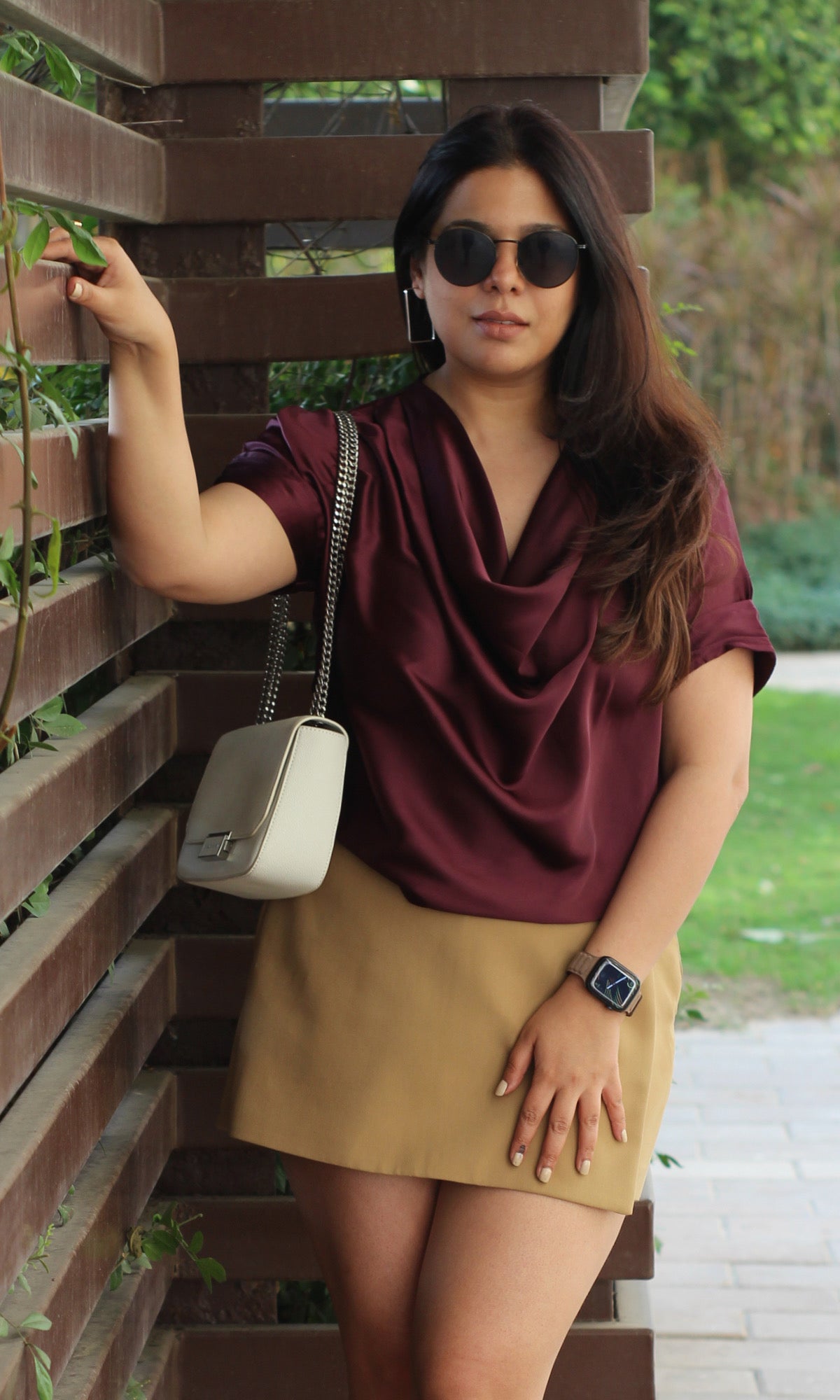 Wine Satin Cowl Neck Top