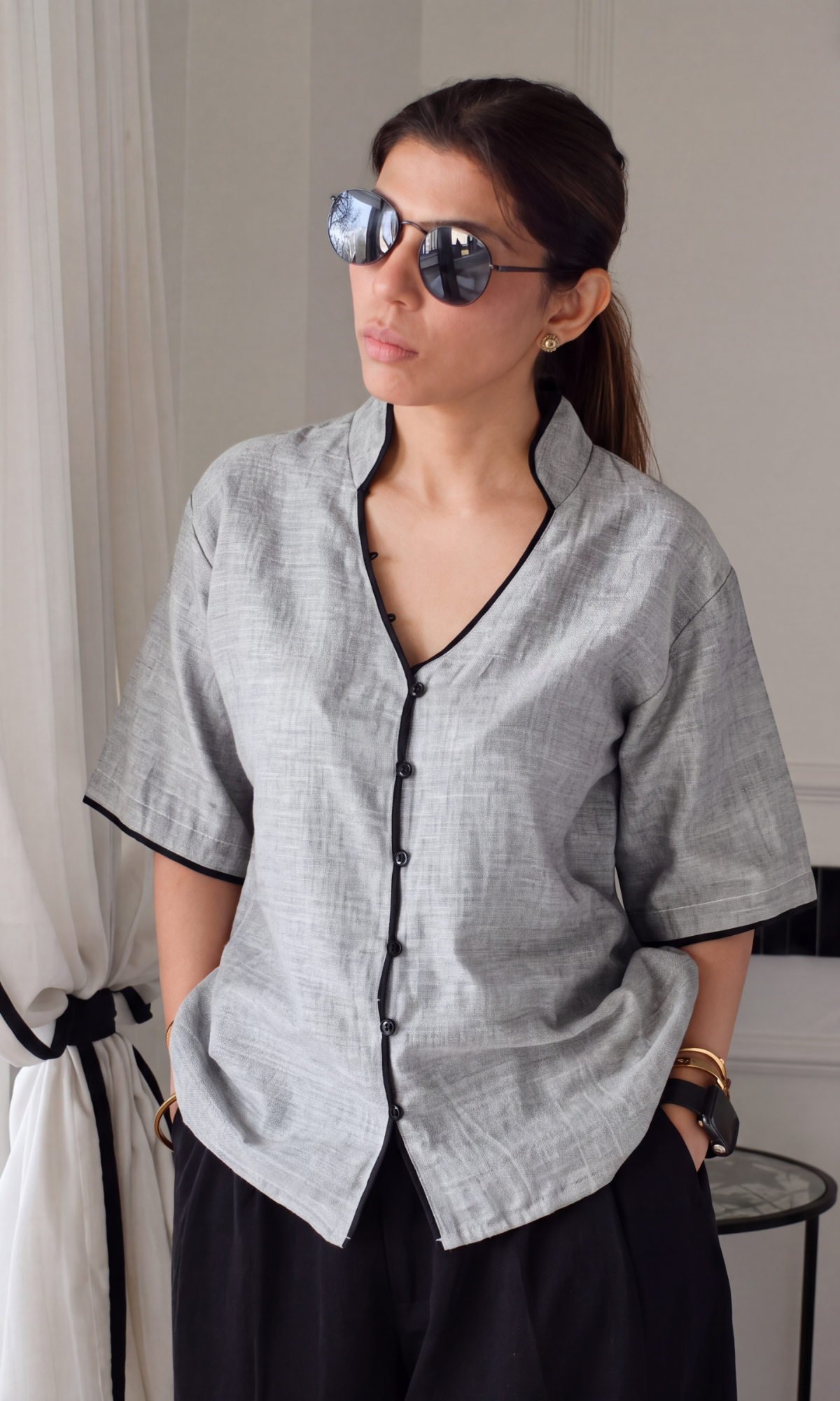Vanilla Cream Contrast Piped Shirt