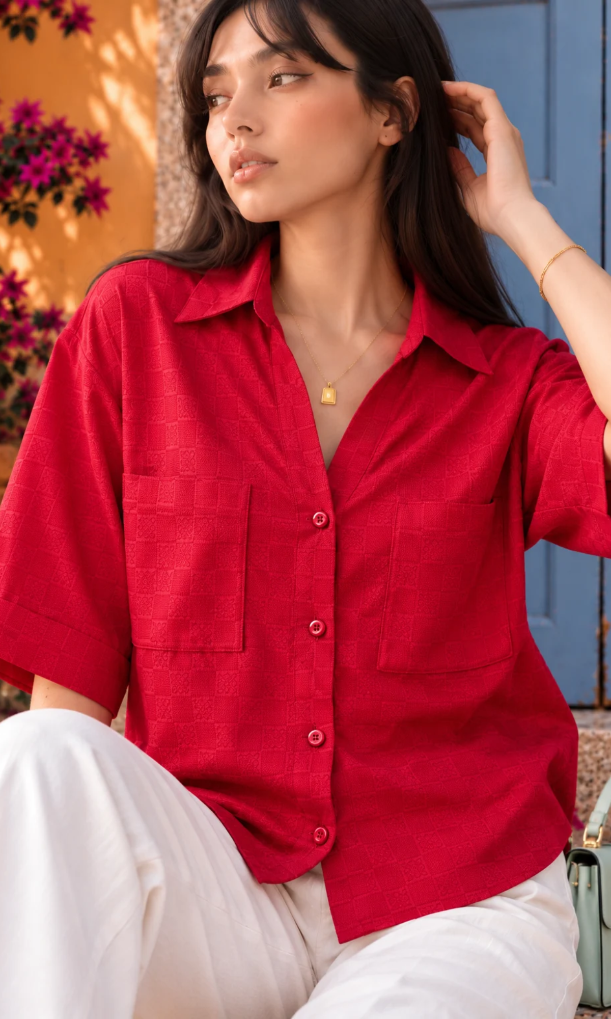 Tomato Red Diamond Jacquard Loose Shirt